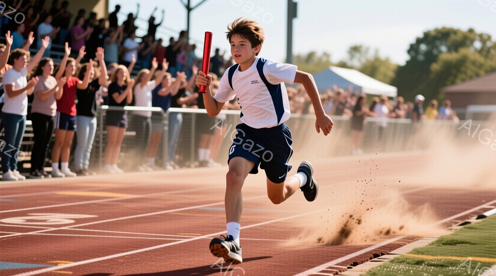 若い男子生徒がトラックを全力疾走している様子が写っている。紺色の短パンと白いTシャツ姿で、右手にバトンを持ち、集中した表情で走っている。背景には観客席が広がり、青空の下、運動会のようなイベントが行われている様子が伺える。