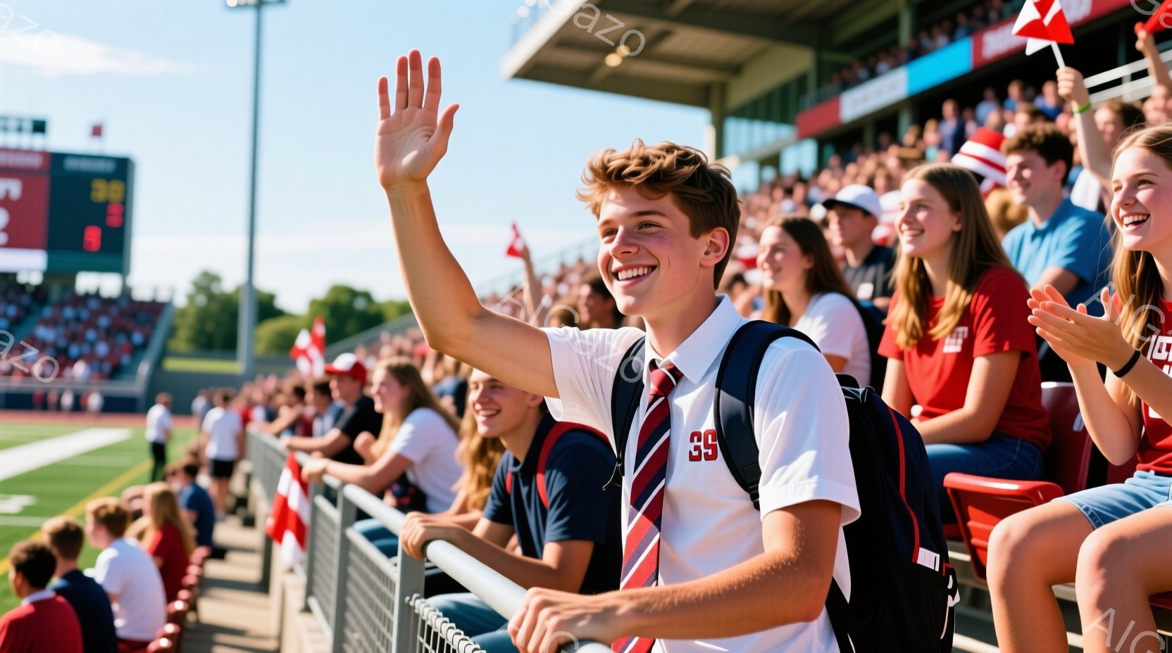 観客席にいる若い男性は、白いポロシャツにネイビーと赤のネクタイ、そして数字の「39」がプリントされています。彼は笑顔で片手を挙げ、興奮した様子で観戦しています。背景には緑の芝生、観客席、そして晴れた空が広がっており、活気に満ちたスポーツイベントの雰囲気が伝わってきます。