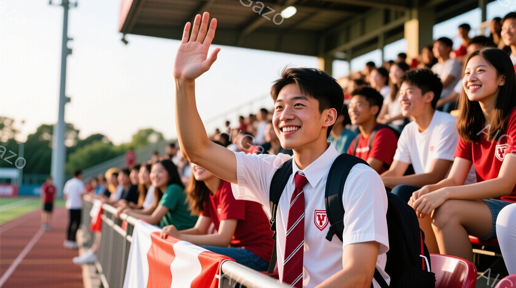 競技場の観客席に座っている若い男性が写っており、彼は明るい笑顔で手を振っています。彼は白いシャツに赤いネクタイ、そして黒いバックパックを背負っており、観客席は赤と白のチームカラーで彩られています。背景には緑豊かな木々が見え、晴れた空の下、活気に満ちたスポーツイベントの雰囲気が伝わってきます。