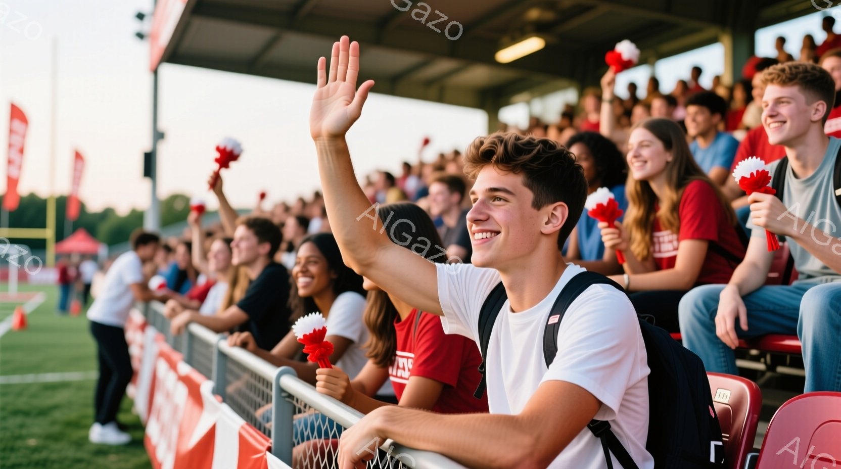 このスポーツイベントでのリクエスターとファンの交流を描いたものです。主要な人物は、手を挙いてハイフィヴに座っており、彼らはビッグテンと呼ばれるスポーツチアリーダーとして知られるこのようなファンが投票を行う場合に使用される手法であり、観戦者たちにエネルギーや魅力を与える役割を果たしています。背景には他のファンが見つめており、昼間時間であり、天気は晴れであると言えます。このシーンはスポーツの熱意と応援するファンの情熱が表現されています。