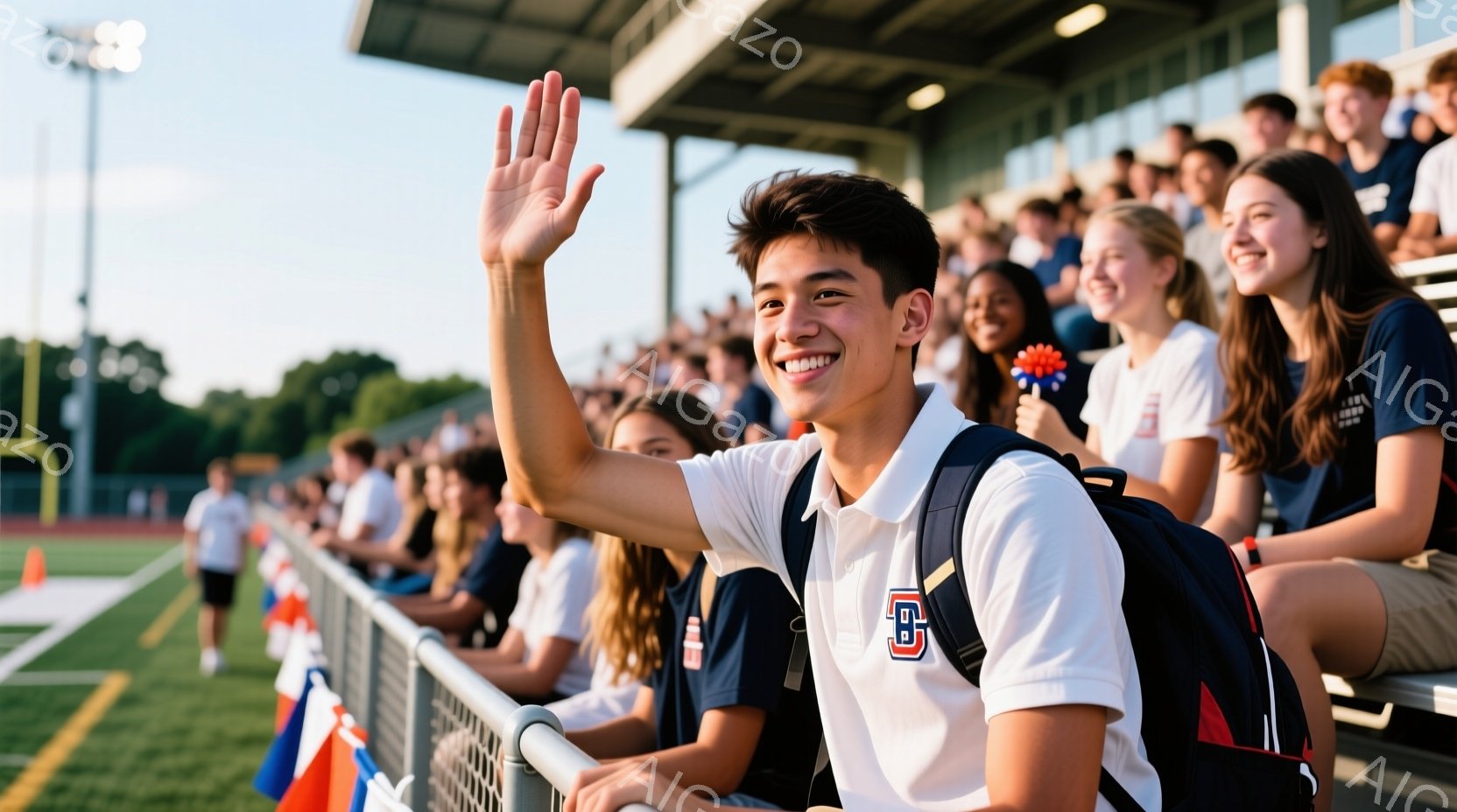 若い男性が観客席で手を振っており、笑顔でカメラに向かっています。彼は白いポロシャツに青いバックパックを背負い、短髪で明るい表情をしています。背景には、観客席がいっぱいになり、芝生のフィールドと夕暮れのような空が広がっています。