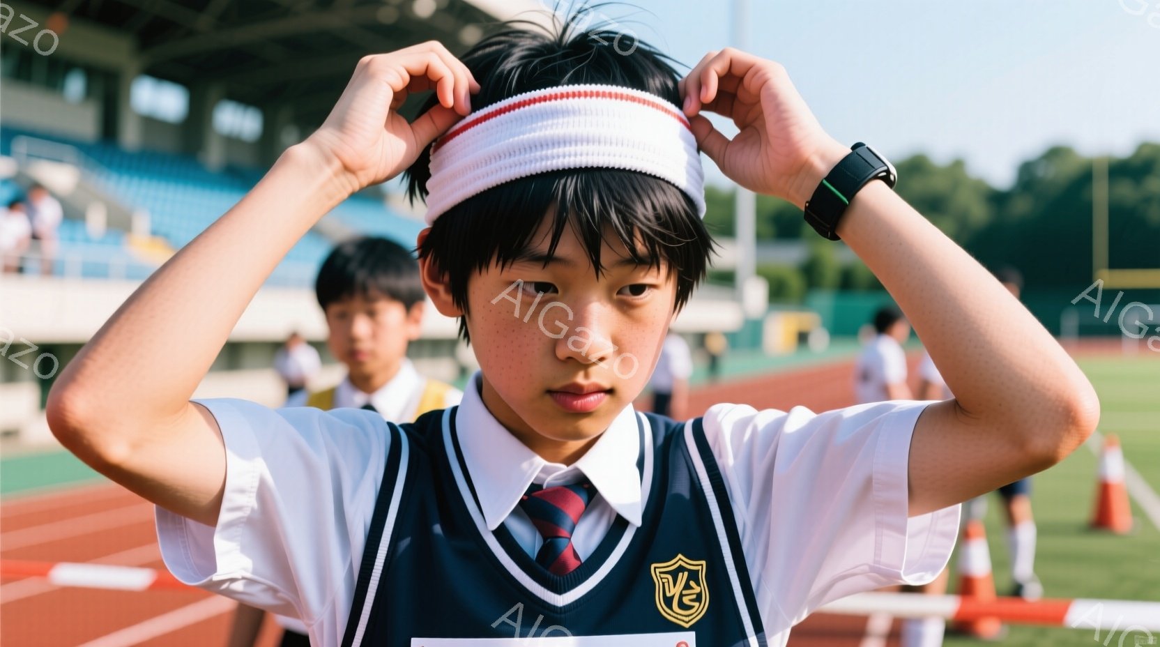 茶髪の少年が、紺色のベストと白いシャツ、そしてネクタイ姿で、頭に白いヘッドバンドを装着しようとしている。彼の表情は真剣で、競技への集中力がうかがえる。背景にはトラック競技場があり、観客席と緑豊かな自然 - AI生成フリー素材