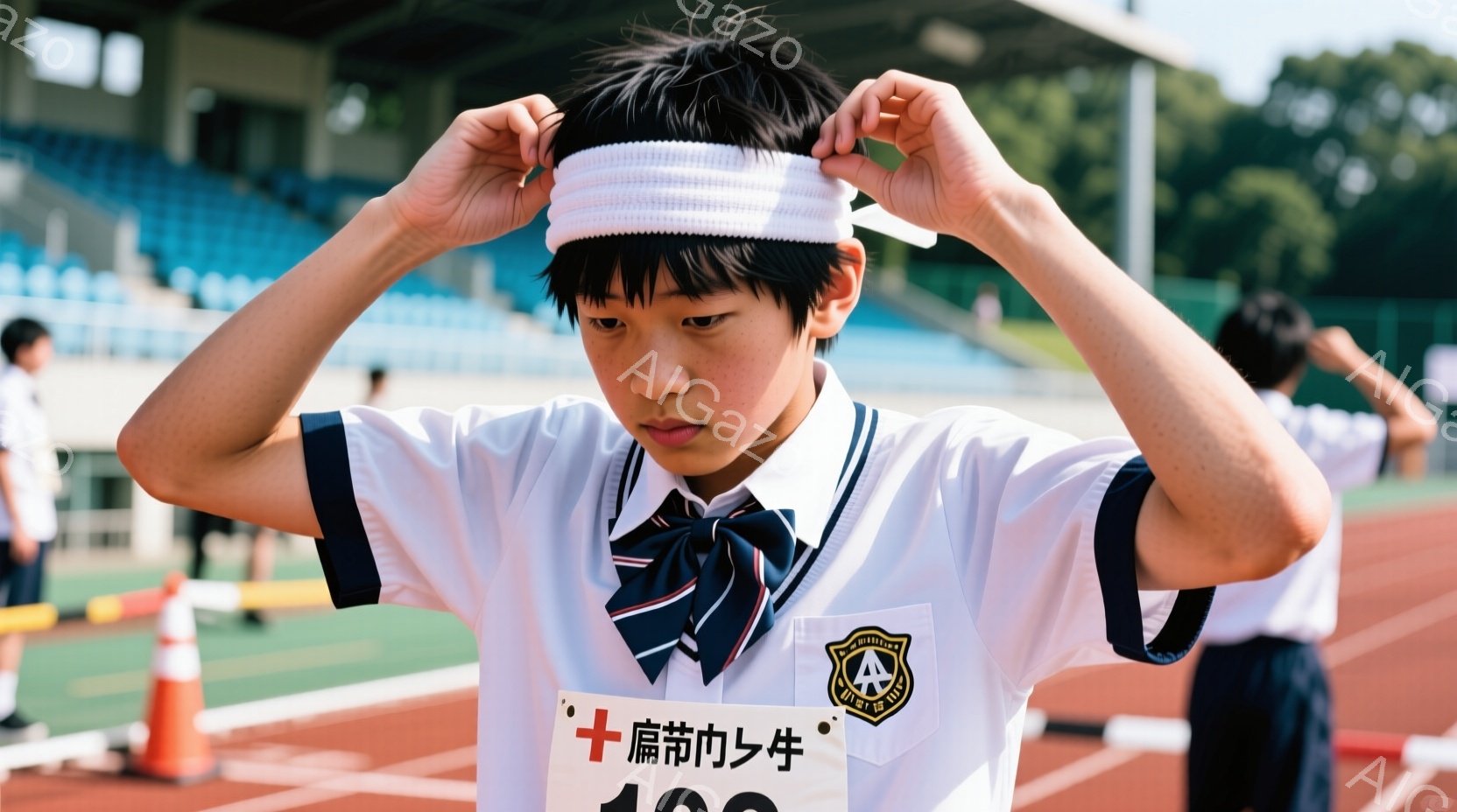 短い黒髪の少年が、白い運動着と紺色のネクタイ、そしてヘッドバンドを装着しようとしています。集中した表情でヘッドバンドを額に合わせようとしており、姿勢はやや前傾しています。背景には観客席とトラックがあり、晴天で運動会のような屋外イベントが行われている様子が伺えます。