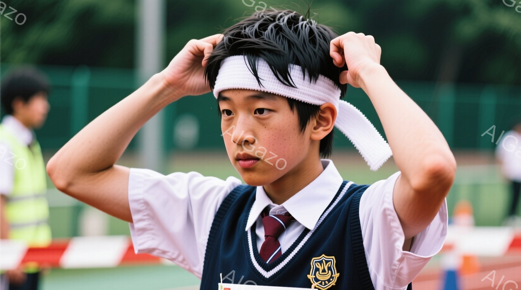 制服姿の少年が、白いヘッドバンドを頭にかける動作をしています。紺色のベストに赤いネクタイが映え、整髪料でとかした髪型と真剣な表情が印象的です。背景には、緑豊かな植物とテニスコートのような赤い線が見え、晴れた日の屋外での活動を彷彿とさせます。