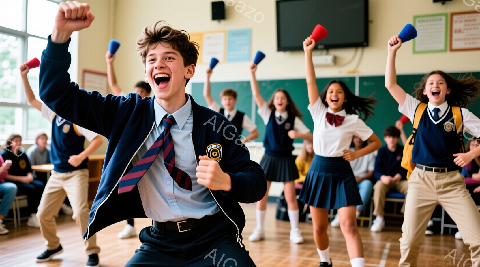 複数の生徒が教室で歓声を上げ、腕を上げて喜びを表現しています。彼らは制服を着ており、男の子はネクタイとブレザー、女の子はスカートとブレザーを着ています。教室には木製の床と、壁に設置された黒板があり、明るく活気に満ちた雰囲気です。