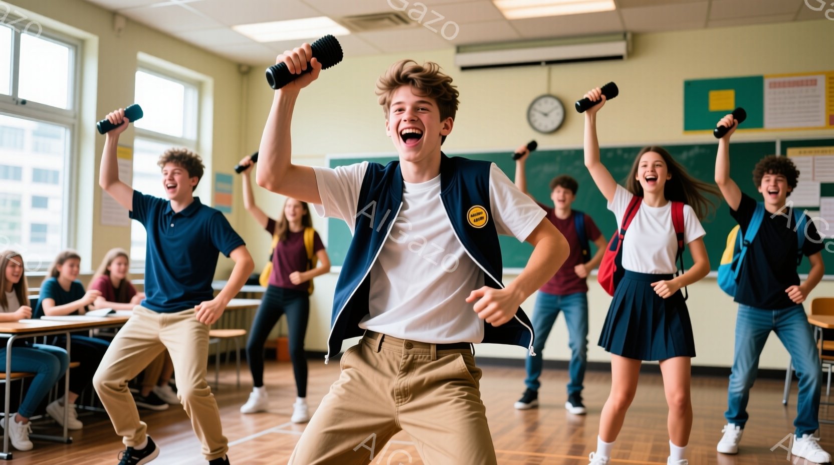 教室で、若い学生たちがダンベルを持ちながら、興奮した様子で腕を上げています。彼らはカジュアルな服装で、一部はデニムパンツ、他の者はスカートを着用し、皆、エネルギーに満ちた表情をしています。教室には机と椅子が並び、黒板には何らかの書き込みがあり、活気に満ちた運動の雰囲気が漂っています。
