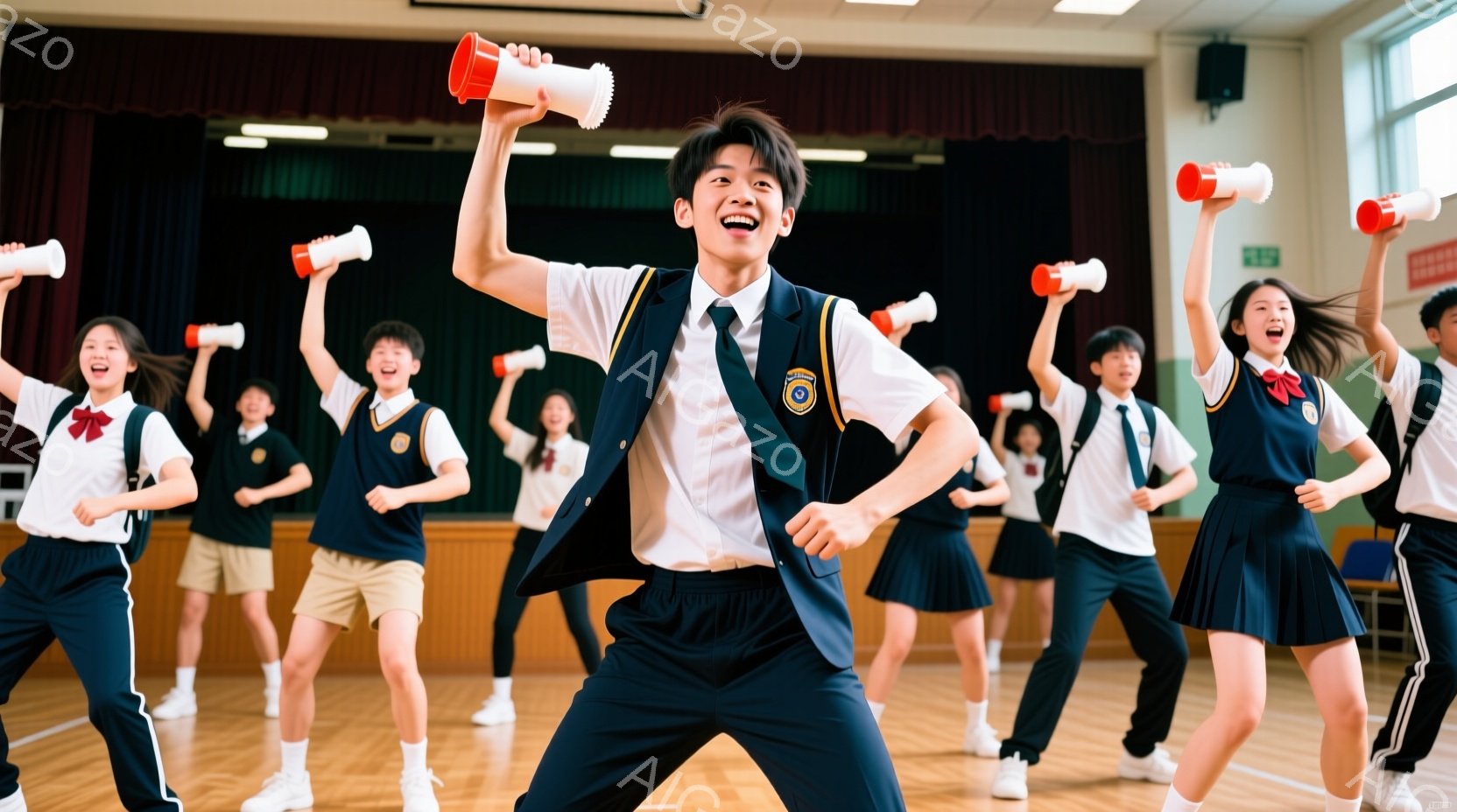 紺色のブレザーに白いシャツ、スカートまたはズボンを着用した中学生や高校生らしき生徒たちが、フロアで一斉に両手を挙げ、メガホンを手にパフォーマンスをしている様子が写っている。生徒たちは皆、明るい笑顔で活気に満ちており、体育館のような場所でダンスや応援活動を行っている雰囲気だ。背景にはステージとカーテンが見え、全体として若々しくエネルギッシュな印象を受ける。