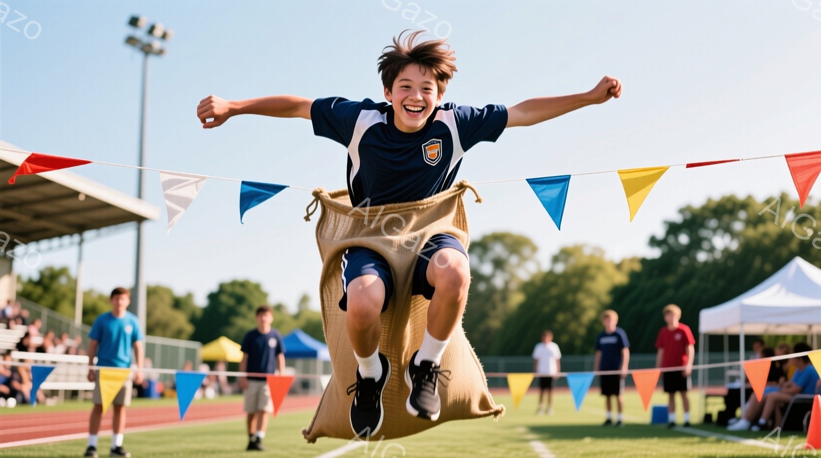 少年は、運動会でよく見られる麻袋ジャンプを楽しんでいる。彼は青い半袖シャツと黒い短パン姿で、両腕を広げて空中で高くジャンプしている。背景にはトラック、観客席、そして旗が並び、晴れた空の下、活気に満ちた - AI生成フリー素材