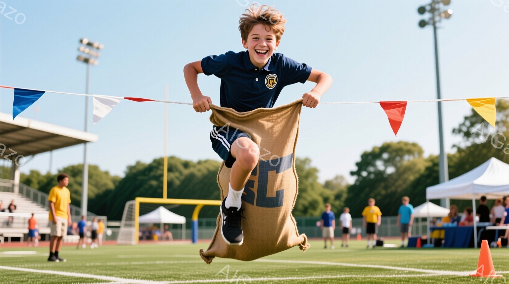 少年は三脚競争で、麻袋に入ってジャンプしている。青いポロシャツに白いスニーカーを履き、明るい笑顔を見せている。背景には緑の芝生、観客席、白いテント、そして青空が広がっており、晴れた日のイベントの活気を感じさせる。