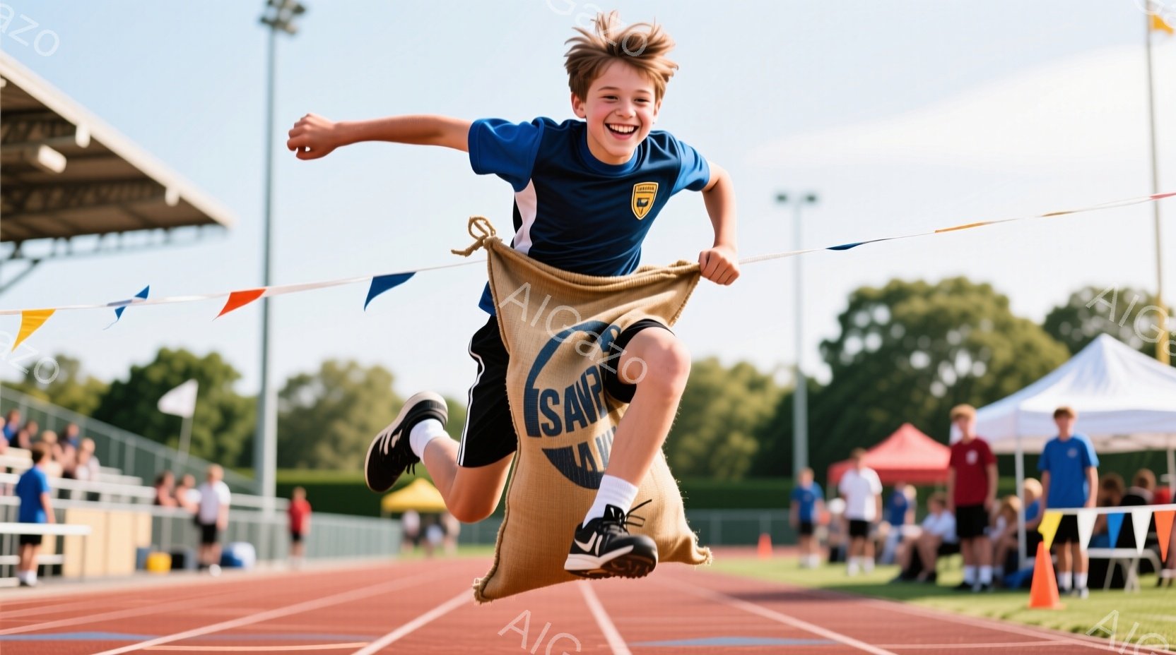 少年は赤いトラックで袋ジャンプ競争をしている。青いシャツと黒いショーツ姿で、笑顔を浮かべながら両腕を前に伸ばし、勢いよくジャンプしている。背景には観客席、緑の木々、そして晴れた空が広がっており、活気に - AI生成フリー素材