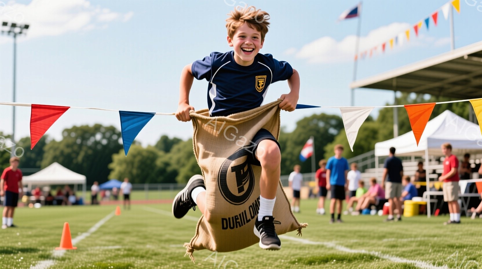 金髪の少年が三脚競争に参加し、勢いよくジャンプしている。紺色のポロシャツと黒い短パンを着ており、笑顔で楽しんでいる様子が伝わる。背景には緑の芝生、オレンジと青の旗、そして観客席が見え、晴れた日の屋外イベントの活気ある雰囲気が感じられる。