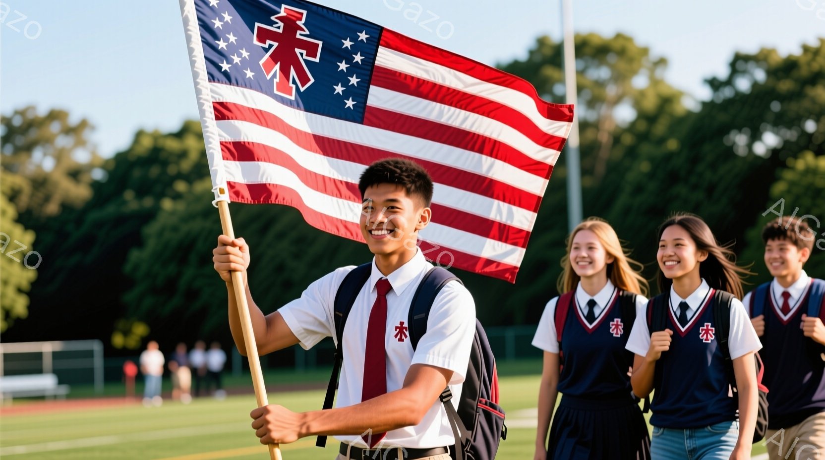 若者がアメリカの旗を誇らしげに掲げ、先頭を歩いている。紺色のブレザーに赤いネクタイ、白いシャツを着ており、バックパックを背負っている。背景には緑の芝生と木々があり、晴れた青空の下で、希望に満ちた活気あ - AI生成フリー素材