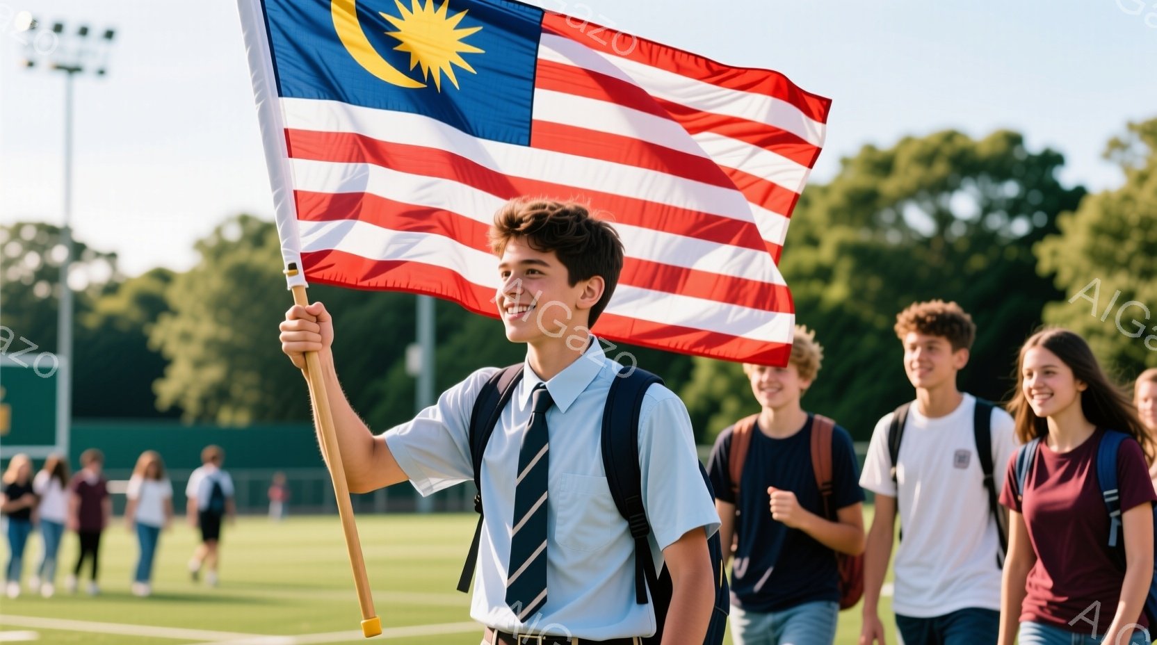 若い男性がマレーシアの国旗を高く掲げ、明るい笑顔を浮かべている。彼は紺色のブレザーにネクタイを締め、バックパックを背負っている。背景には、緑の芝生とぼやけた他の学生たちがおり、晴れた屋外の穏やかな雰囲気が漂っている。