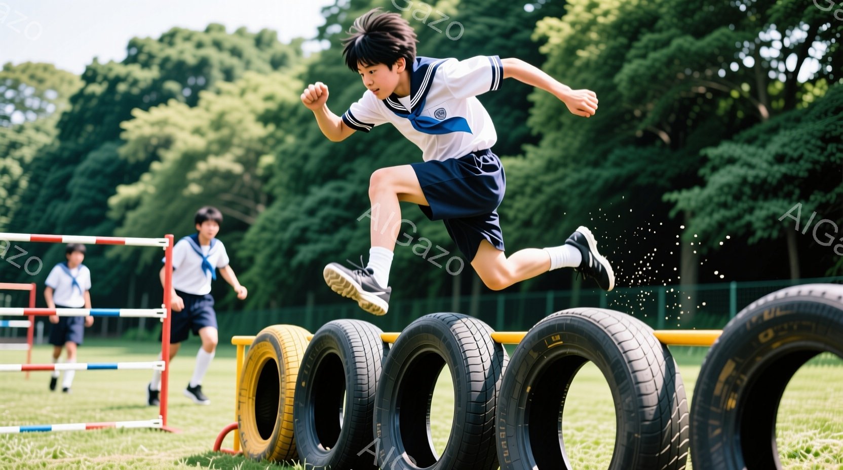 制服を着た少年がタイヤの上を飛び越えています。少年は黒髪で、前髪が少し長めに伸びており、集中した表情で体を大きく開いてジャンプしています。背景には緑豊かな自然と、他の生徒たちが練習している様子が見え、晴れた日の活気ある体育の授業の雰囲気を感じさせます。