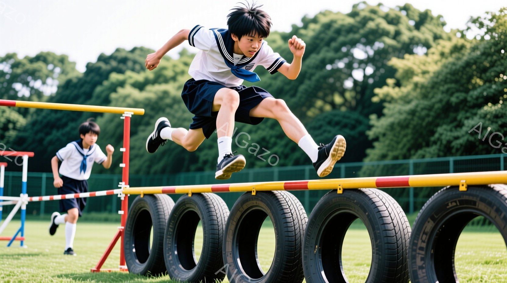 制服を着た少年がタイヤで作られたハードルを飛び越えています。彼は黒髪で、真剣な表情で、運動に集中している様子がうかがえます。背景には青々とした芝生と、別の少年が走り込んでいる姿が見え、晴れた日の活気ある体育の授業の様子を捉えています。