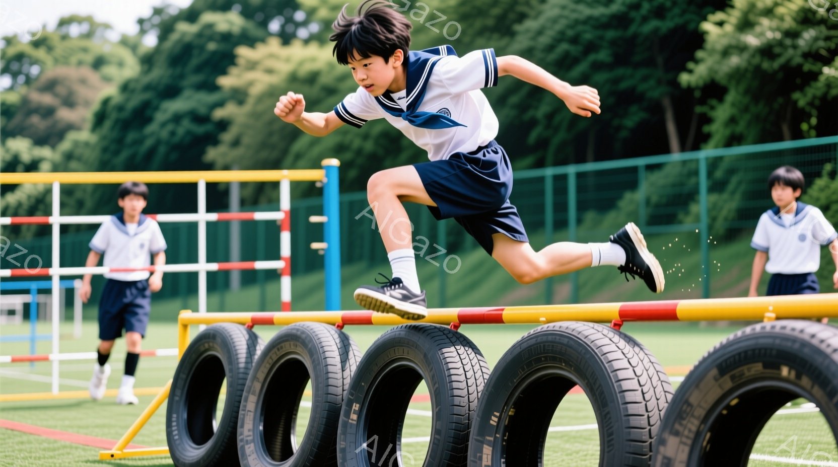 制服姿の少年がタイヤで作られた障害物を飛び越えている様子が写っている。少年は黒髪で、集中した表情で足を高く上げ、躍動感のある姿勢を見せている。背景には緑豊かな自然と体育館のような建物があり、晴れた日の - AI生成フリー素材