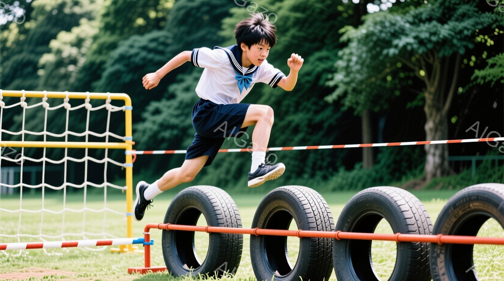 日本語で書かれたもので、少年がサッカー場上で飛び立ち、応援団のように指を差す表情で走っている様子を示しています。彼は白いシャツとブルースパット付きの靴を着用しており、髪型は短く、日本語で「走ってる」と表現されています。彼は太陽が当たっている、明るい昼間の場所に行動しているように見えます。周囲は草や木々で占められており、日本語で「毎日を楽しむ少年」と解釈されています。画像全体の雰囲気は活力と軽快さが感じられます。