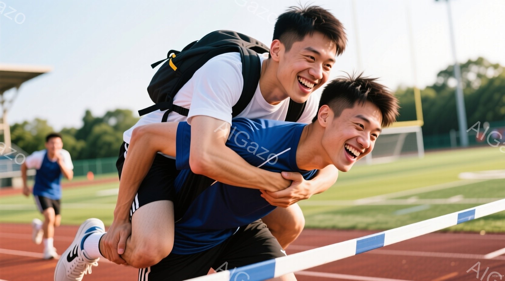 二人の若い男性が陸上競技場のトラック上で抱き合って走っている。黒髪で白いTシャツを着た男性が、青いユニフォームを着たもう一人の男性を背中に負っている。背景には緑の芝生と観客席が見え、晴天で明るい日差しが差し込んでいる様子から、喜びと活気に満ちた雰囲気を感じさせる。