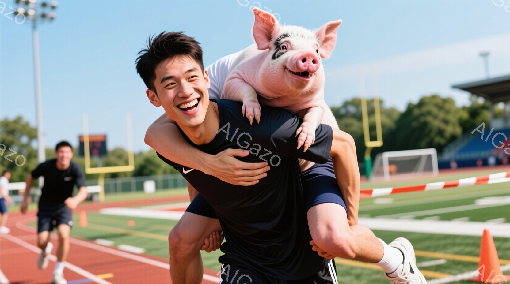 競技場のトラックの上を、若い男性が笑顔で豚を肩に乗せて走っています。男性は黒のスポーツウェアと白いスニーカーを着用し、短髪で活発な表情をしています。背景には緑豊かな芝生と観客席が見え、晴天の下、明るく陽気な雰囲気が漂っています。