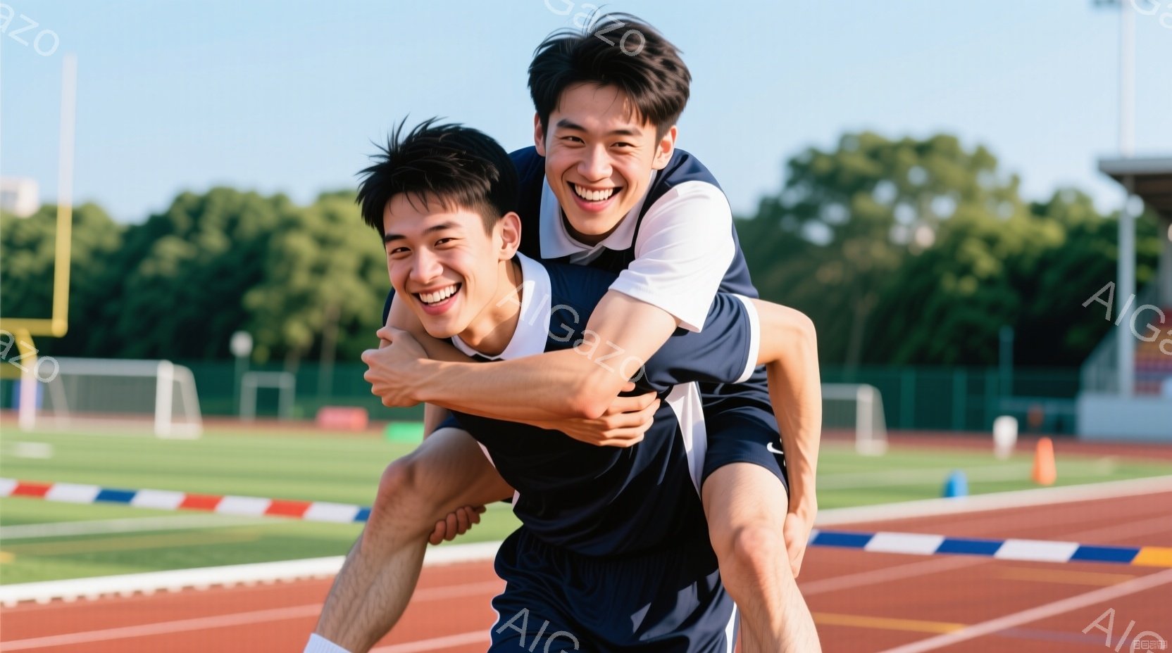 二人の若い男性が、トラック競技場の上を背中合わせで走っている。彼らは紺色のスポーツウェアと白いシャツを着ており、明るい笑顔を見せている。背景には緑豊かな木々や観客席が見え、晴れた日の活気ある雰囲気が感じられる。