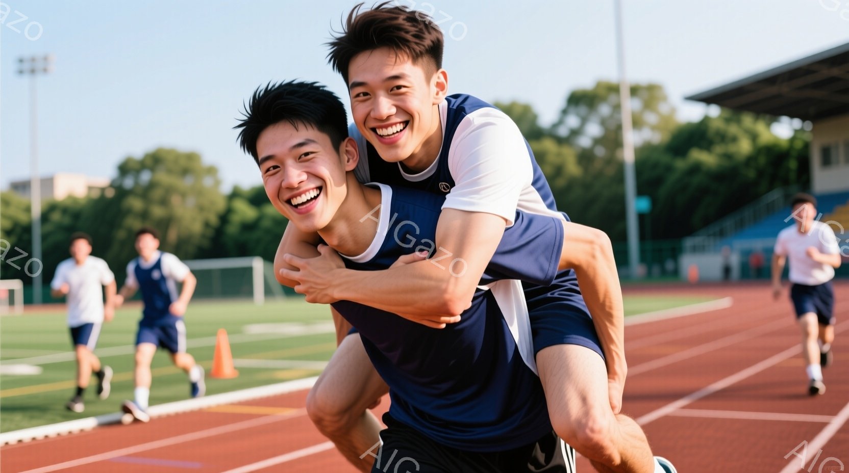 陸上競技場のトラック上で、紺色のユニフォームを着た二人の若い男性が写っている。一人が背中に担がれて嬉しそうに笑っており、もう一人はその重さに耐えながらも笑顔を浮かべている。背景には緑豊かな自然と、晴天の下でそびえ立つ建物が見え、全体的に活気にあふれた、喜びの瞬間を切り取った写真となっている。