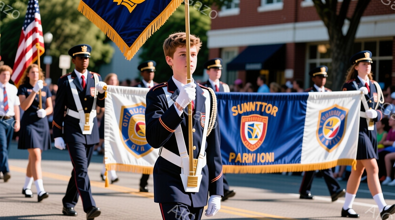 制服を着た少年が、青い旗を高く掲げ、行進している。制服は濃い青色で、金色の装飾が施されており、白い手袋を着用している。背景には他の制服を着た生徒や建物が見え、晴れた日の屋外イベントの様子が伺える。