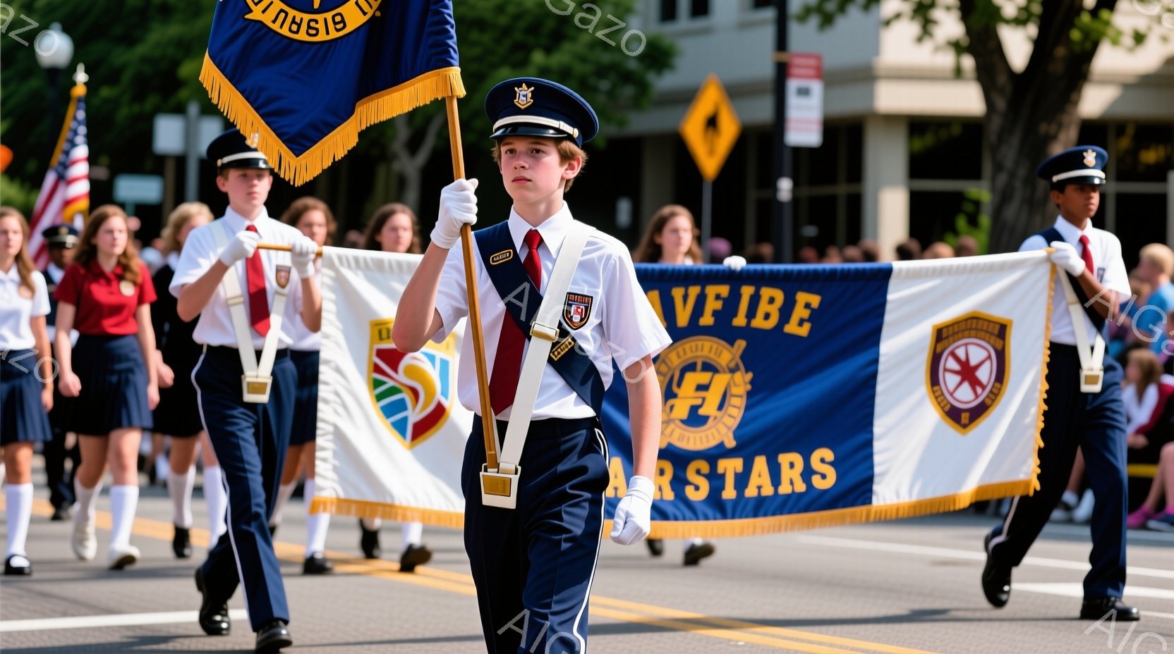 少年は紺色の制服と白い手袋を着用し、誇らしげに旗を掲げて行進している。背景には、他の制服姿の生徒たちと、晴天の下、建物の立ち並ぶ通りの様子が見える。全体的に、希望に満ち溢れ、活気に満ちたパレードの雰囲気である。