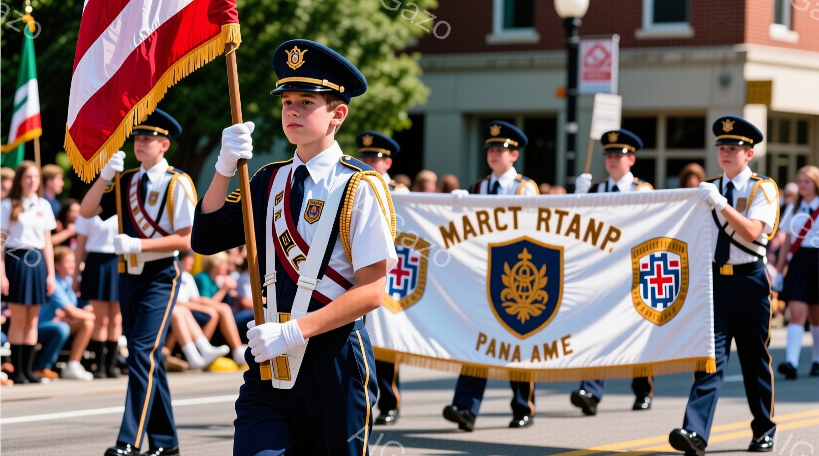制服を着た少年たちが、整然と行進している様子が写っている。彼らは白い手袋をつけ、紺色のユニフォームに金色の装飾が施され、頭には制帽を被っている。背景には建物が並び、晴天の下、パレードの活気ある雰囲気が伝わってくる。