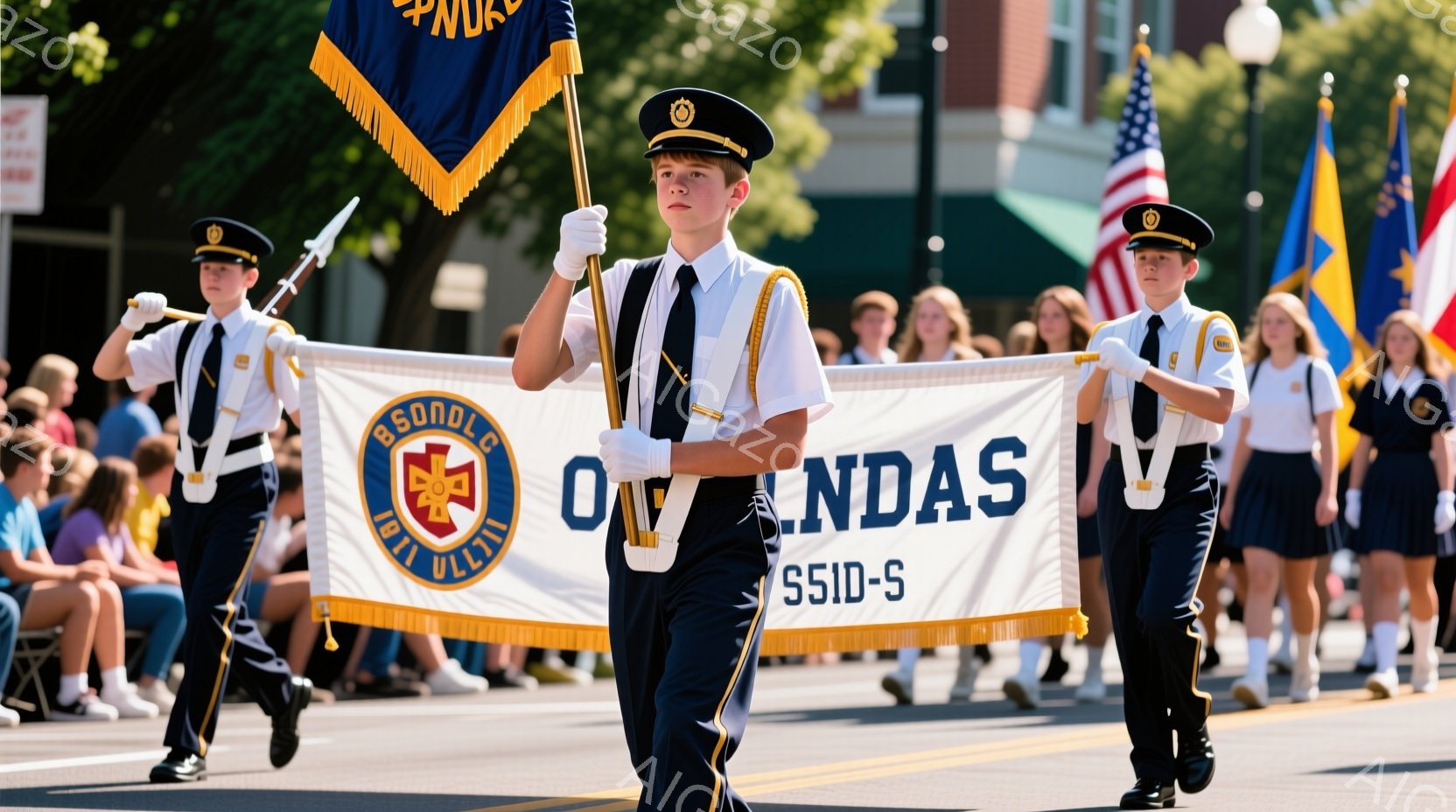 制服を着た少年たちがパレードに参加している様子が写っている。紺色の制服に白い手袋、帽子を着用し、真剣な表情で旗を掲げ、行進している。背景には建物や緑が見え、晴天の下、活気のある雰囲気が伝わってくる。 - AI生成フリー素材
