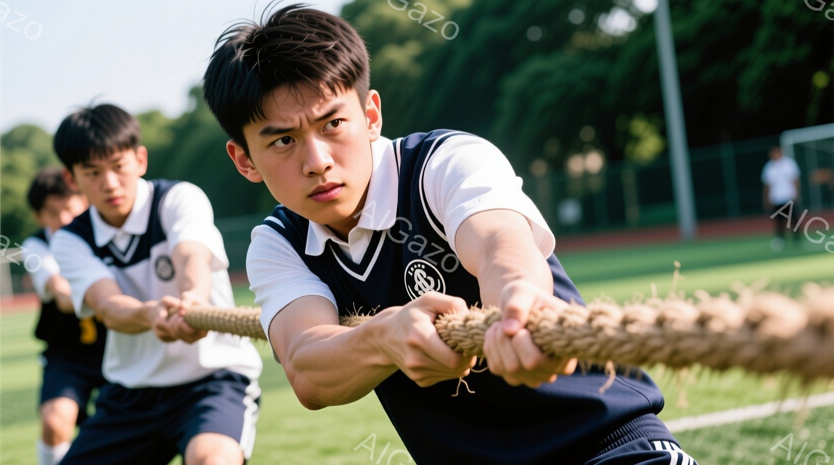 複数の少年たちが綱引きの試合に臨んでいる様子が写っている。彼らは紺色のポロシャツに白のパンツ姿で、真剣な表情で太いロープを力強く引っ張っている。背景には緑豊かな芝生と、ぼやけた建物が見え、晴れた日の活気ある雰囲気が伝わってくる。