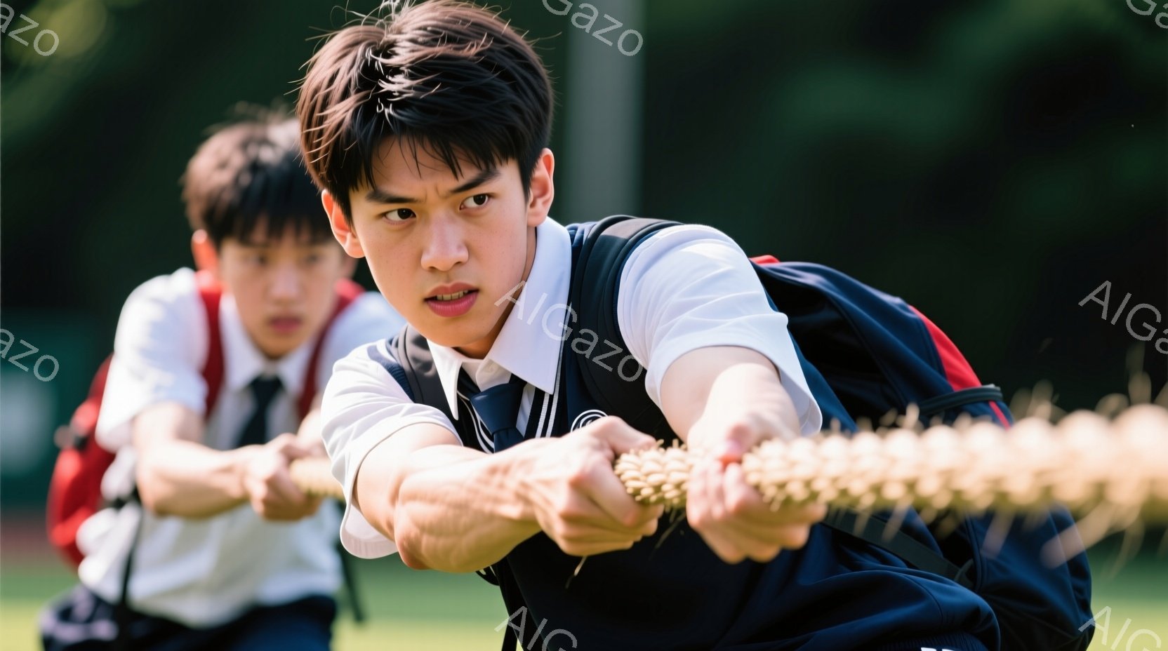 制服を着た男子学生二人が、力強く綱引きをしている様子が写っている。一人は紺色のブレザーと白いシャツを着ており、髪は短く整えられている。背景は緑豊かな草地で、晴天の下、真剣な表情で綱に力を込めている様子から、運動会や競技会の熱気が伝わってくる。