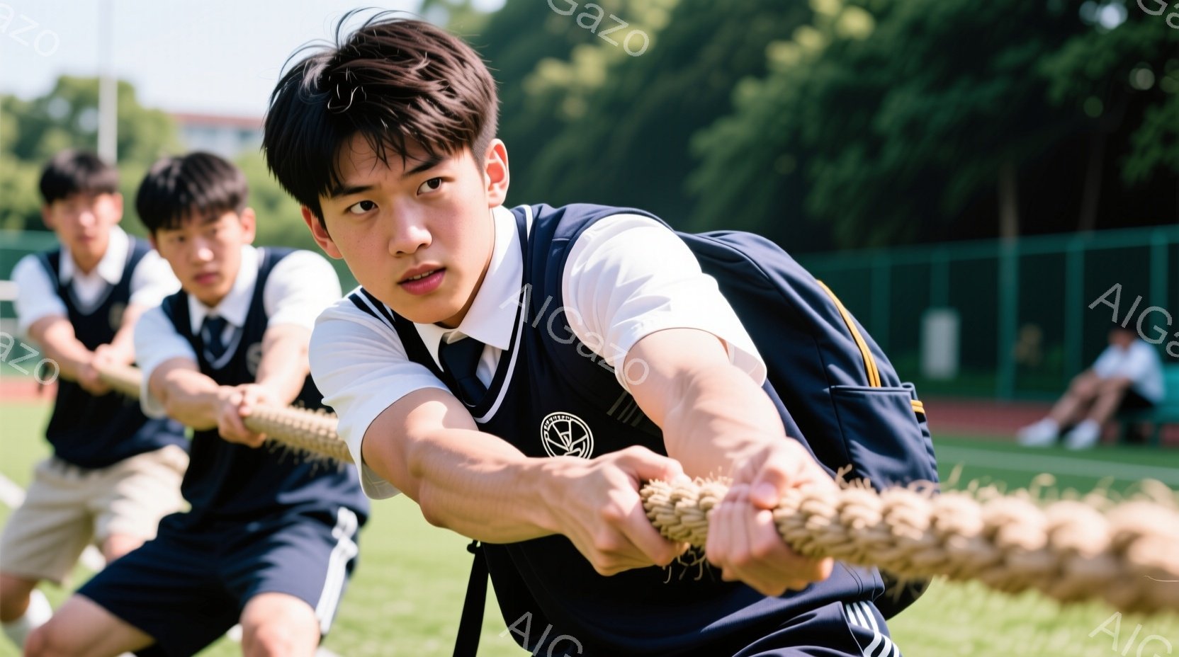 紺色のベストと白いシャツ、そして青い短パンを着た男子学生たちが、力強く綱引きをしている様子が写っている。彼らは真剣な表情で綱を引っ張り、集中した眼差しは勝利への強い意志を示している。背景には緑豊かな芝生と、ぼやけた木々が見え、晴天の下、活気あふれる競技が行われていることを示唆している。