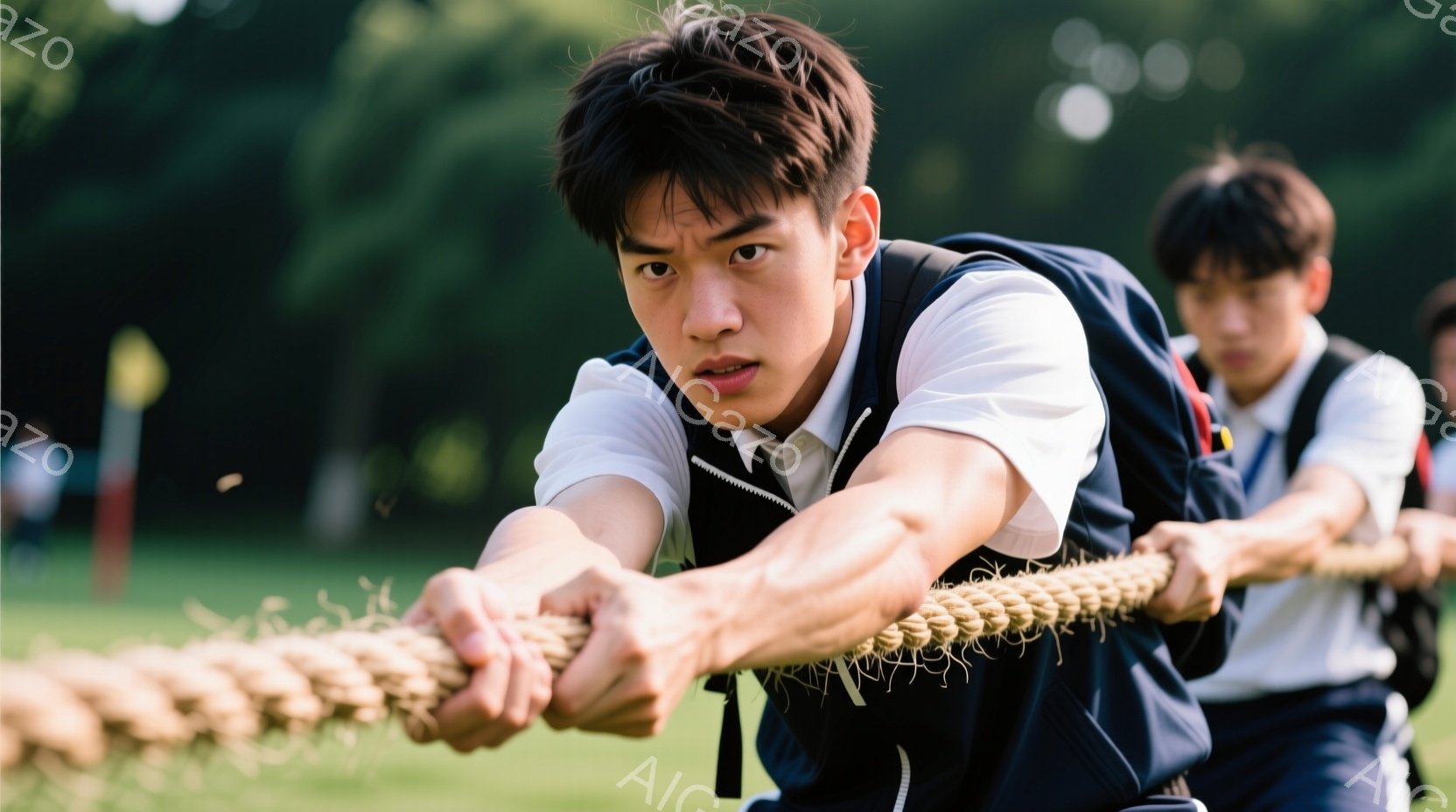 制服姿の男子学生が、力強く綱引きをしている様子が写っている。紺色のベストと白シャツにネクタイを締め、真剣な表情でロープを掴んでいる。背景には緑豊かな草原が広がり、わずかに木々が見える、日差しが強く、活気のある夏の日の光景である。