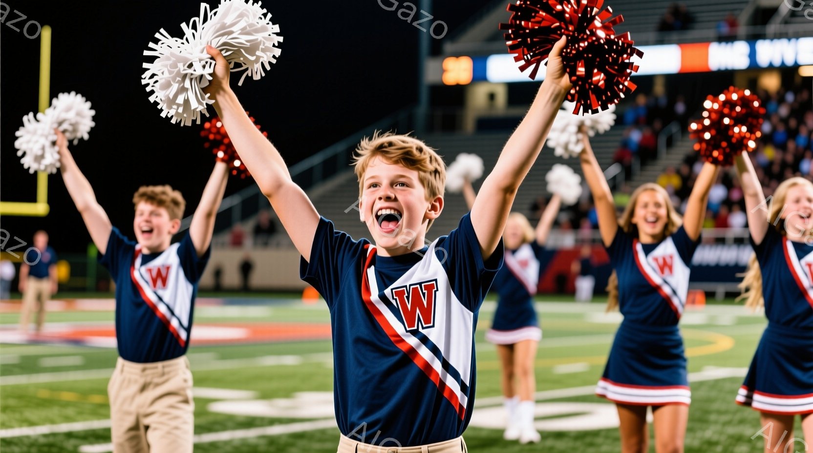紺色のシャツに白い「W」のロゴが入ったチアリーダーたちが、両手を高く上げ、ポンポンを振っています。彼らは皆、ベージュ色のズボンを履き、笑顔で活気に満ちた表情をしています。背景には緑色の芝生、観客席、そして夜空が広がり、活気のある高校フットボールの試合の雰囲気が漂っています。