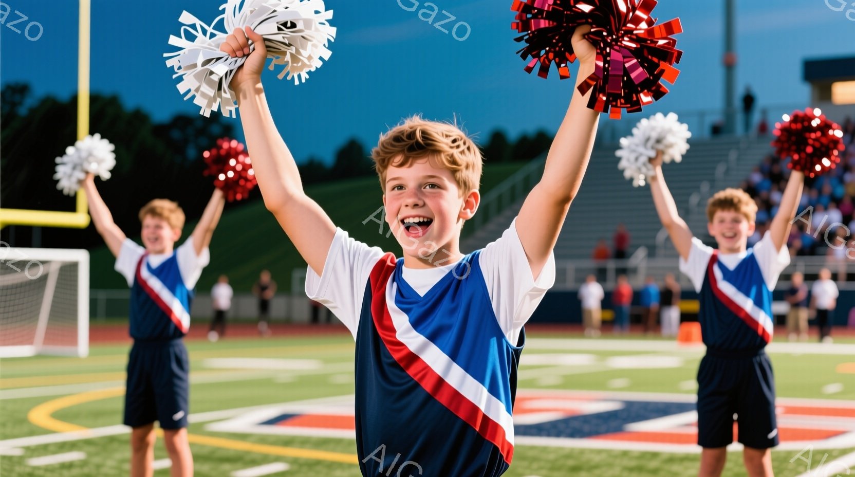 少年たちは紺色のユニフォームと白いシャツを着て、赤いストライプが入っており、チアリーディングのポンポンを高く掲げています。彼らは皆、明るい笑顔で、活気に満ちたポーズをとっており、スポーツフィールドの芝生の上で喜びを表現しています。背景にはトラック、観客席、そして晴れた空が見え、全体的にエネルギッシュで明るい雰囲気が漂っています。