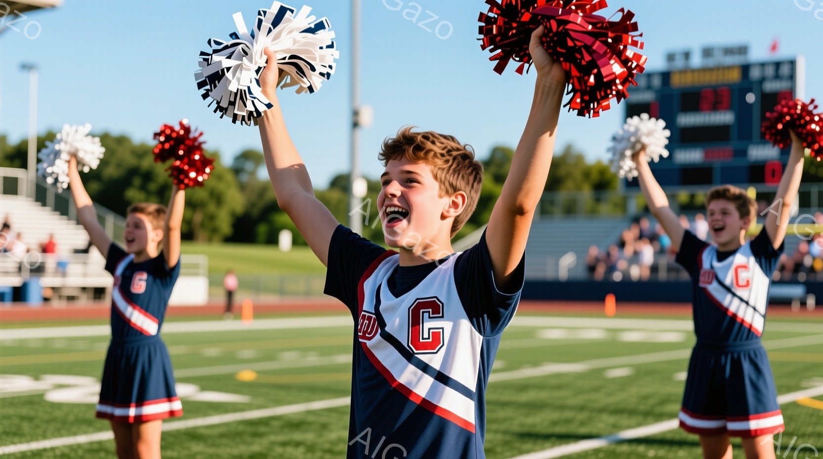 紺色のユニフォームを着た３人の若者が、チアリーディングのポンポンを高く掲げています。彼らは笑顔で活気に満ちており、競技場内の緑の芝生とトラック、そして遠くの観客席が背景に見えます。晴天で、明るくエネルギッシュな雰囲気が漂っています。