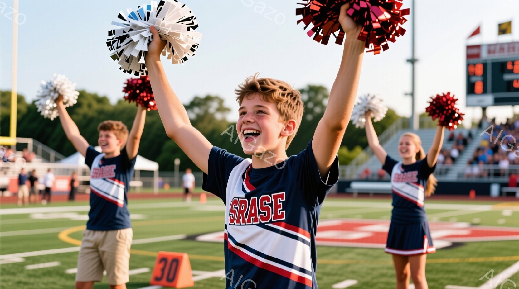 若いチアリーダーたちが青色のユニフォームとベージュ色のショートパンツを身に着け、歓声をあげながらポンポンを高く掲げています。彼らは笑顔で活気に満ちており、背景には緑の芝生と観客席、そして夕暮れのような空が広がっています。全体的に、活気あるスポーツイベントの様子を捉えた、明るくエネルギッシュな雰囲気です。