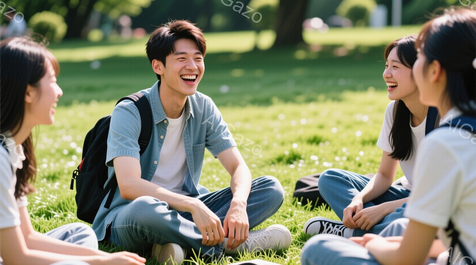 若者たちが緑の芝生の上に座って楽しそうに笑っている様子が写っている。男性は白いTシャツに水色のシャツを羽織り、女性たちはカジュアルな服装で、皆それぞれリュックサックを背負っている。背景には木々が見え、 - AI生成フリー素材