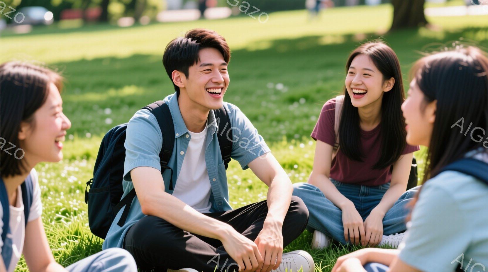若者たちが緑の芝生の上に座り、楽しそうに笑っています。男性は白いTシャツに黒いズボン、背中にリュックサックを背負っています。女性たちはそれぞれ赤いシャツや白いシャツを着ており、全員がリラックスした雰囲 - AI生成フリー素材