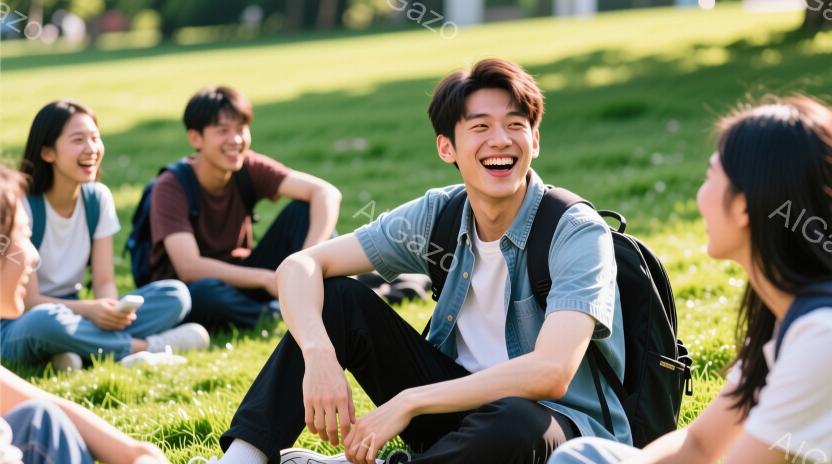 若者たちが緑豊かな芝生の上に座り、リラックスした時間を過ごしている様子が写っている。彼らはカジュアルな服装で、笑顔を浮かべ、楽しんでいるようだ。背景には木々が生い茂り、晴れた日の穏やかな雰囲気が漂っている。