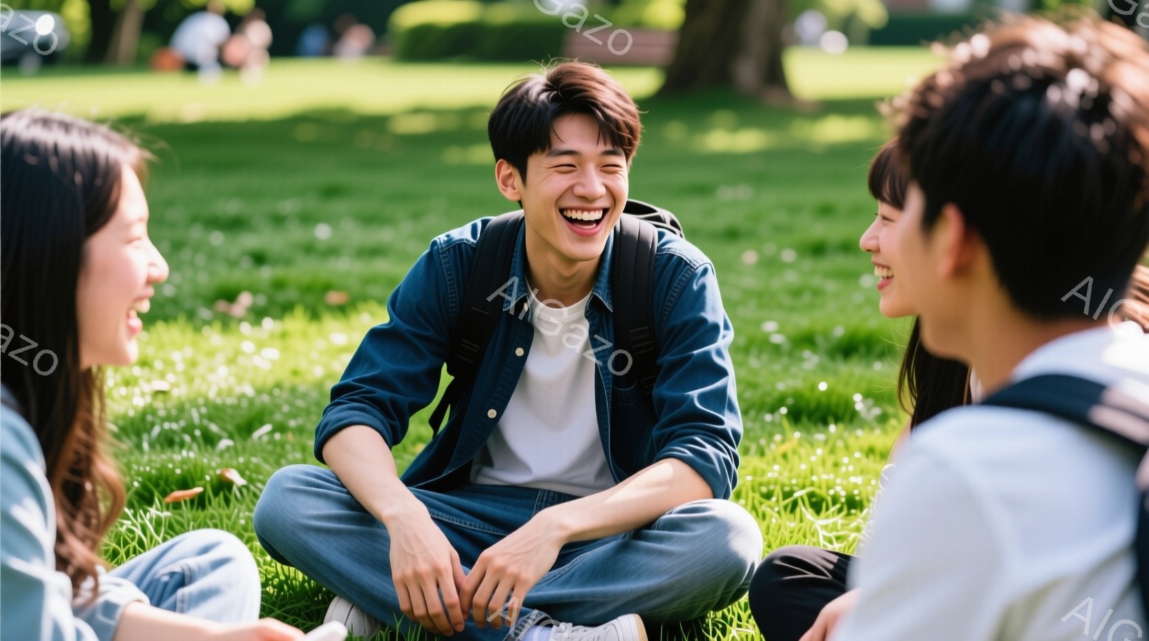 若者たちが緑の芝生の上に座り、楽しそうに笑っています。中央の男性は、白いTシャツに紺色のシャツ、ジーンズを着用し、リュックサックを背負っています。背景には木々が生い茂り、晴天の下、リラックスした雰囲気 - AI生成フリー素材