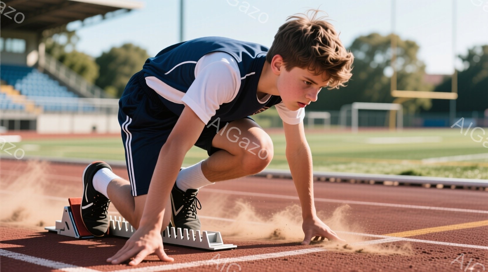 若い男性が陸上競技場でスタートダッシュの姿勢をとっている。彼は白の袖なしシャツと紺色のショーツ、黒い靴下とスニーカーを着用し、集中した表情で前を見つめている。背景には観客席や緑の芝生が見え、晴れた日の競技場の活気ある雰囲気が伝わってくる。