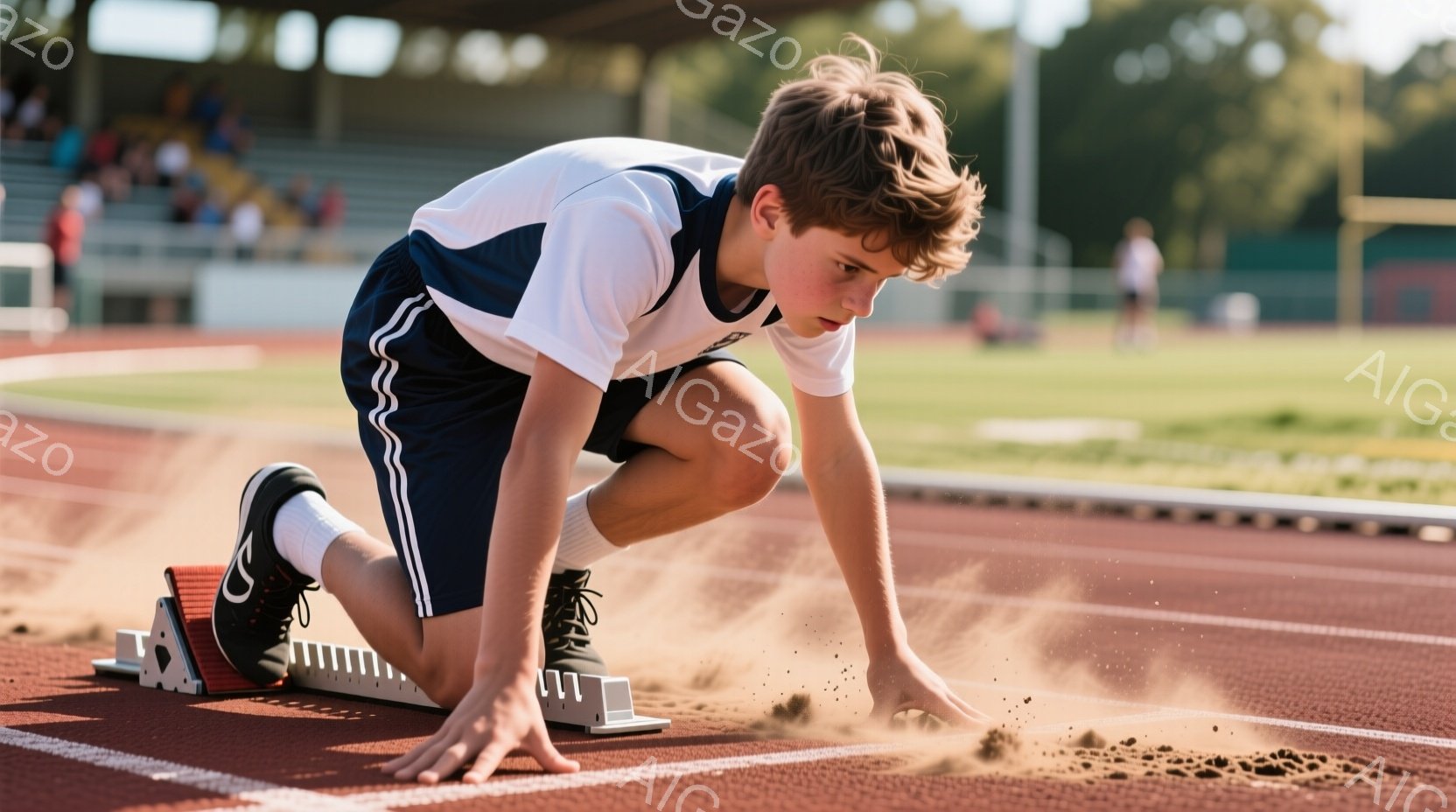 若い競技者がスタートラインにうずくまり、これから始まる競争に備えている様子が写っている。彼は白いシャツと黒い短パン姿で、白ソックスと赤と黒のスニーカーを履いている。背景には観客席と緑豊かな木々が見え、晴れた空の下、活気に満ちた競技場の雰囲気が伝わってくる。