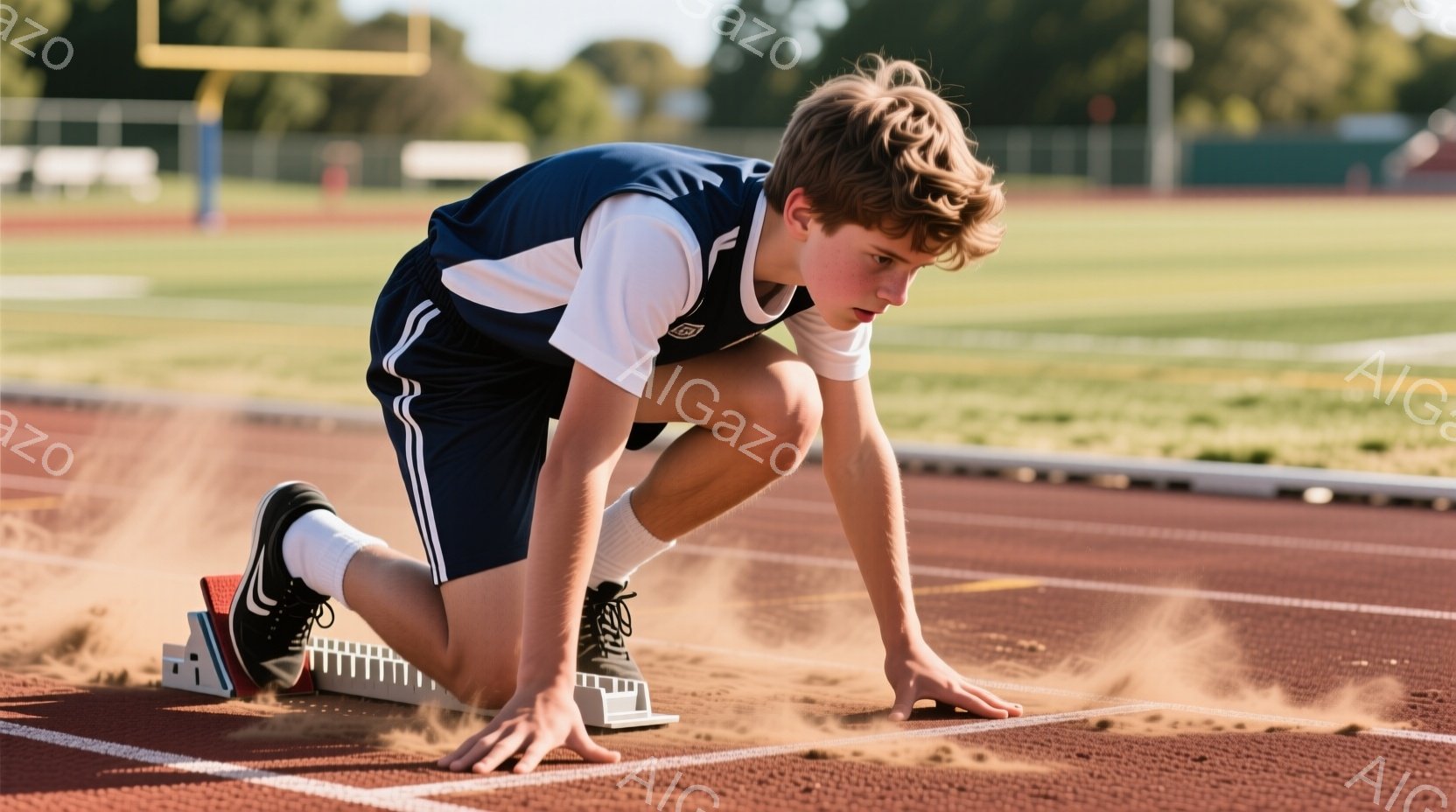 若い男性が陸上競技場でスタート姿勢をとっている。濃い青色のシャツに白いストライプ、黒色のショーツ、そして白い靴を履いており、茶色の髪は少し無造作にセットされている。陸上トラックの赤いレーン上に土埃が舞い上がっており、背景には緑豊かな木々が見え、晴天の空が広がっている。