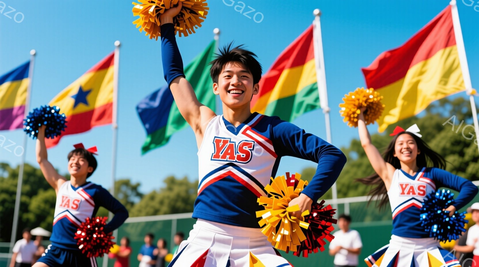 チアリーディングチームのメンバーが、青と白のユニフォームを着て、ポンポンを振りながら活発にパフォーマンスをしている。彼らは皆、笑顔でエネルギッシュな表情を見せており、背景には様々な国の旗が並び、青空が広がっている。全体として、若々しく、活気に満ちた、お祝いの雰囲気を感じさせる画像である。