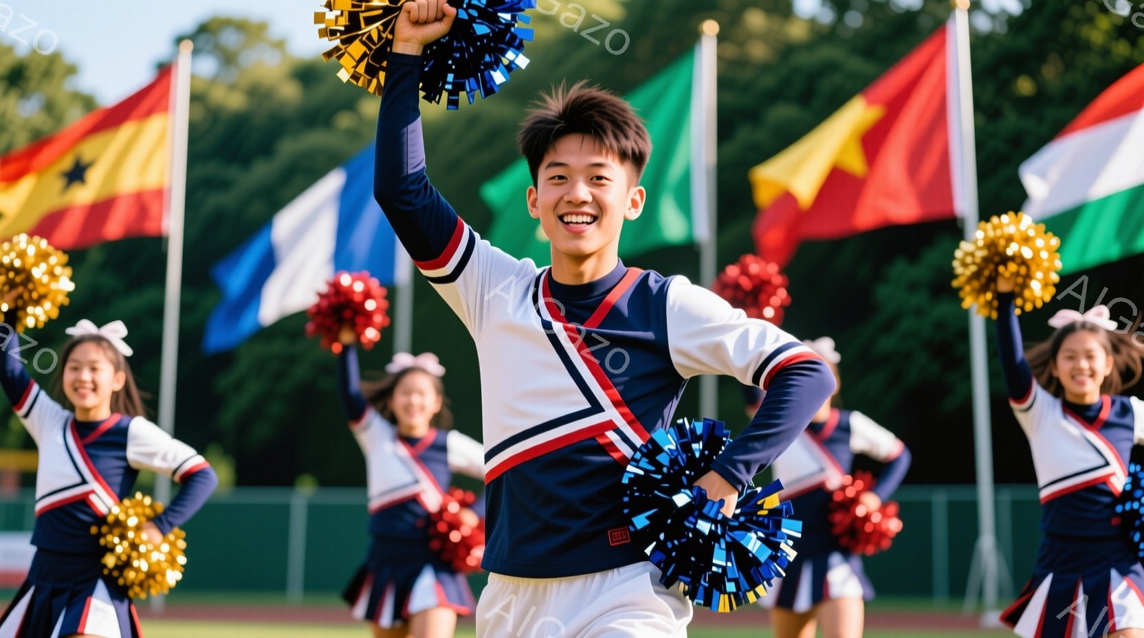 チアリーダーチームが、緑豊かな芝生の上で活気に満ちたパフォーマンスを披露しています。彼らは、白い上着に赤いトリムと青いスカートというユニフォームを着用し、それぞれが明るい黄色のポンポンを持っています。 - AI生成フリー素材