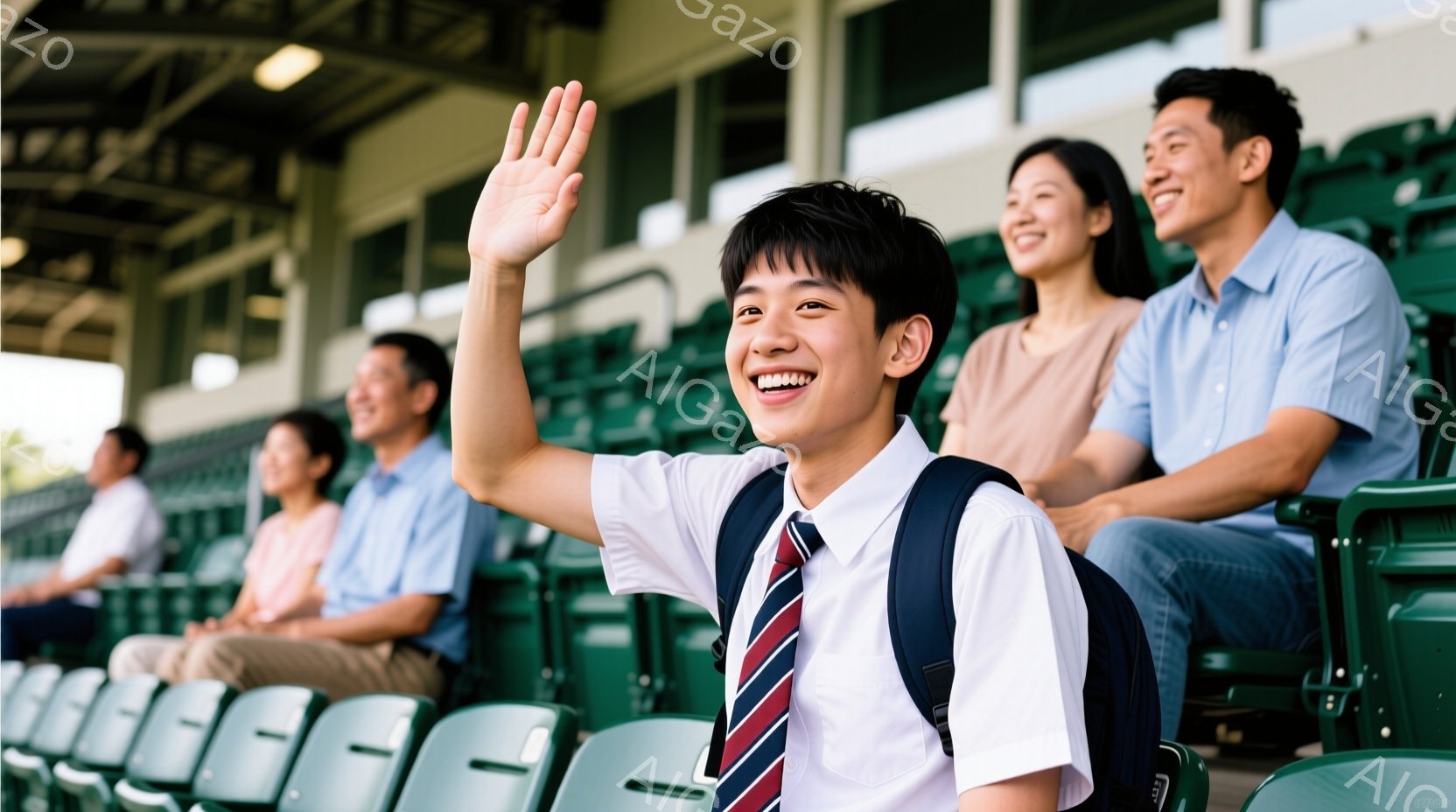 観客席に座っている人々が写っています。若い男性は制服を着ており、赤いネクタイとリュックサックを背負っています。彼は笑顔で手を振っており、明るく楽しい雰囲気が伝わってきます。