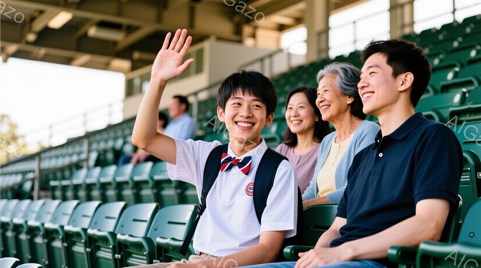 観客席で笑顔の家族が写っている。制服を着た少年は手を振って喜びを表現し、その隣には優しい笑顔の母親と、同じく微笑む父親がいる。背景は緑色の座席が並ぶスタジアムで、晴れた空と自然光が暖かく、全体的に幸せで活気のある雰囲気が漂っている。