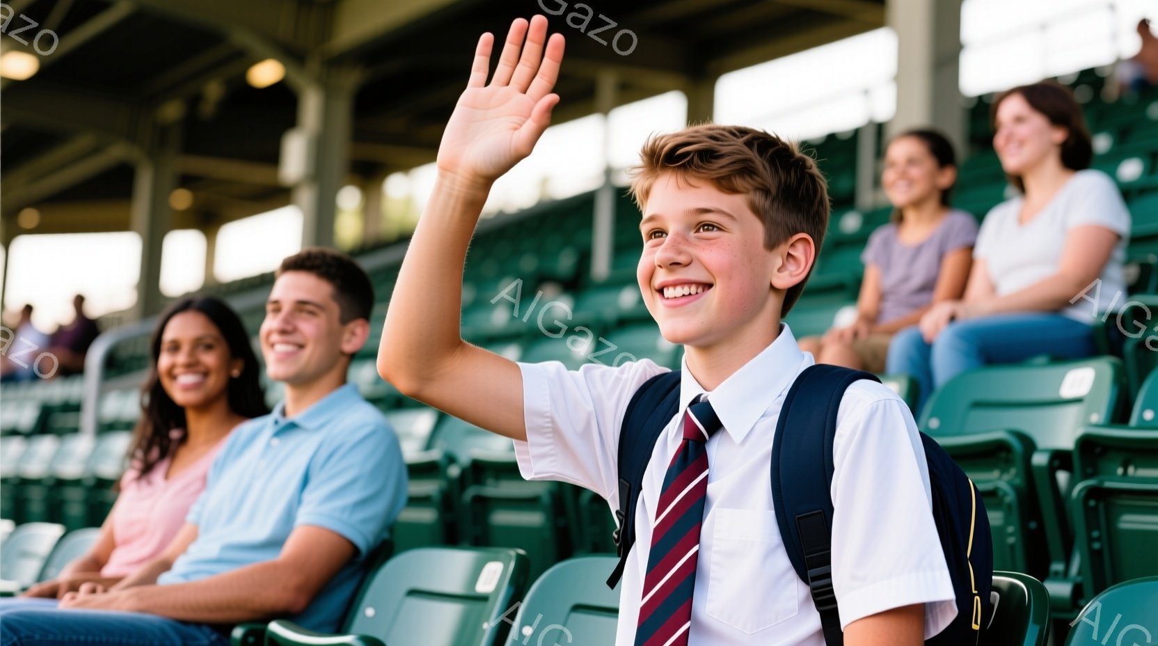 若い男の子が観客席で手を振っています。彼は白いシャツにネクタイ、制服のような服を着ており、リュックサックを背負っています。背景には他の観客が座っており、緑色の席が並んでいます。