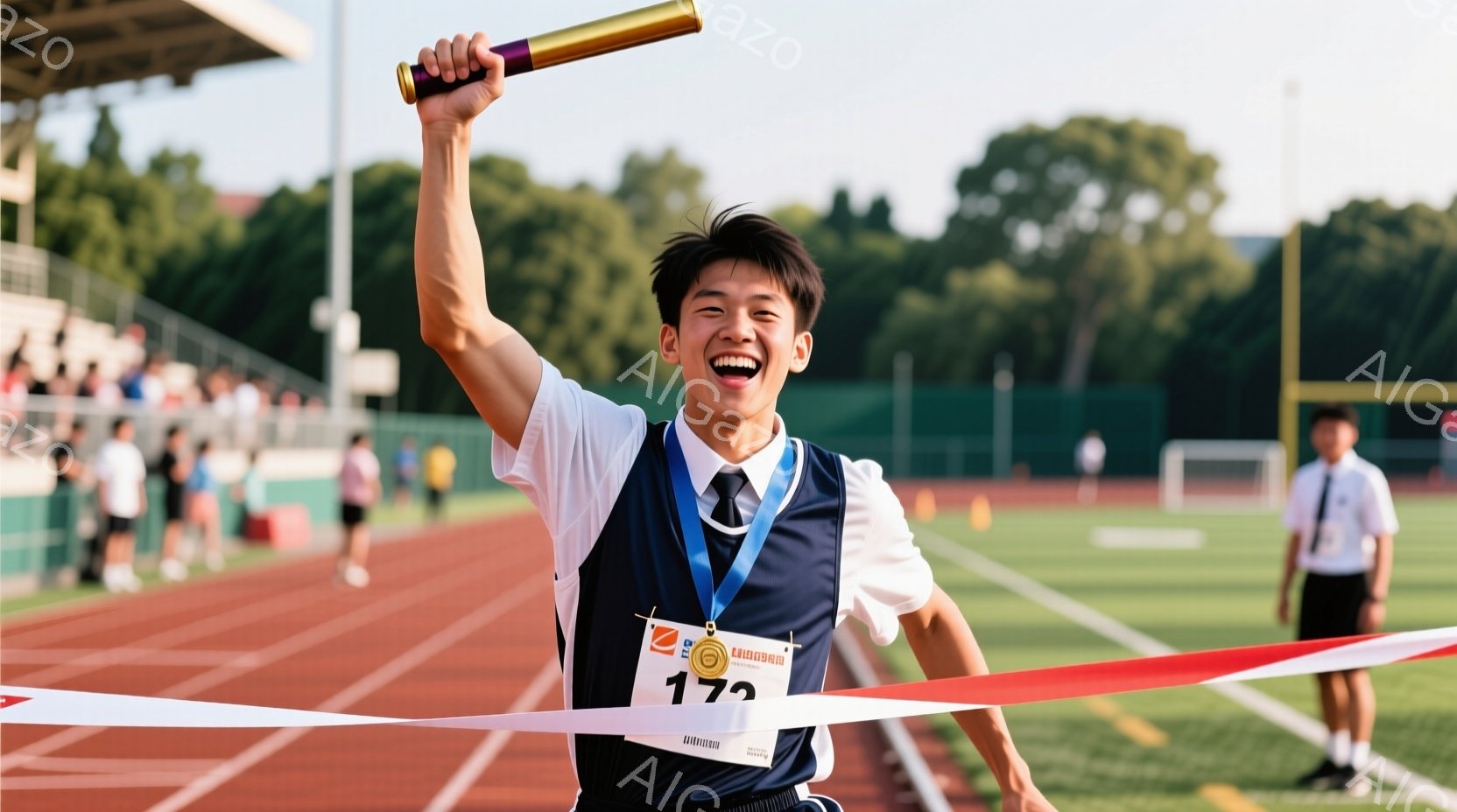 男子は、青いビブスと白いシャツを着て、競技のフィニッシュラインを駆け抜けている。彼は右手を高く上げ、リレーのバトンを誇らしげに掲げ、満面の笑みを浮かべている。背景にはトラック競技場、緑豊かな木々、そして晴天の空が広がり、勝利の瞬間を祝う活気に満ちた雰囲気が伝わってくる。